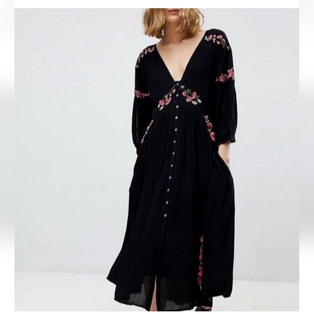 Free People Day Glow Embroidered Midi Dress Black Size Small